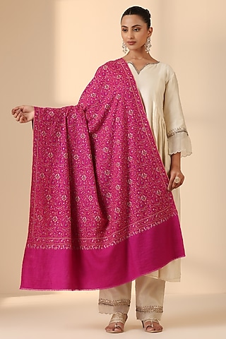 Pink Pashmina Wool Sozni Embroidered Handwoven Shawl by DUSALA  ACCESSORIES