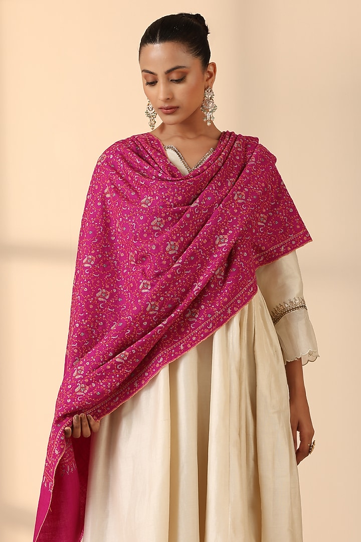 Pink Pashmina Wool Sozni Embroidered Handwoven Shawl by DUSALA  ACCESSORIES at Pernia's Pop Up Shop