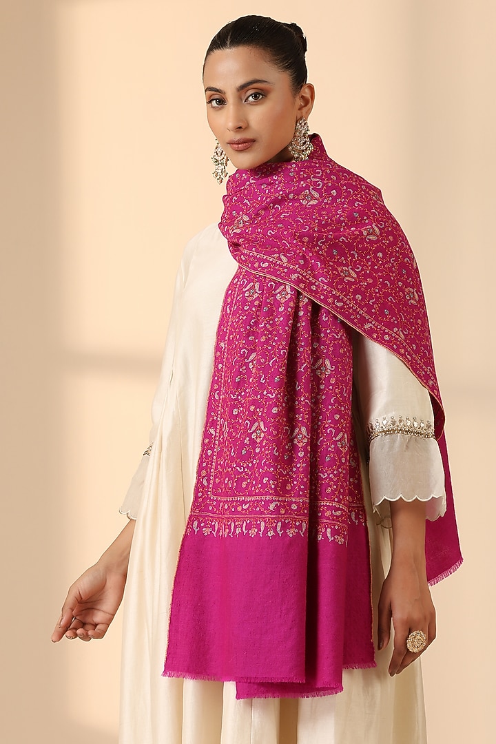 Pink Pashmina Wool Sozni Embroidered Handwoven Shawl by DUSALA  ACCESSORIES at Pernia's Pop Up Shop