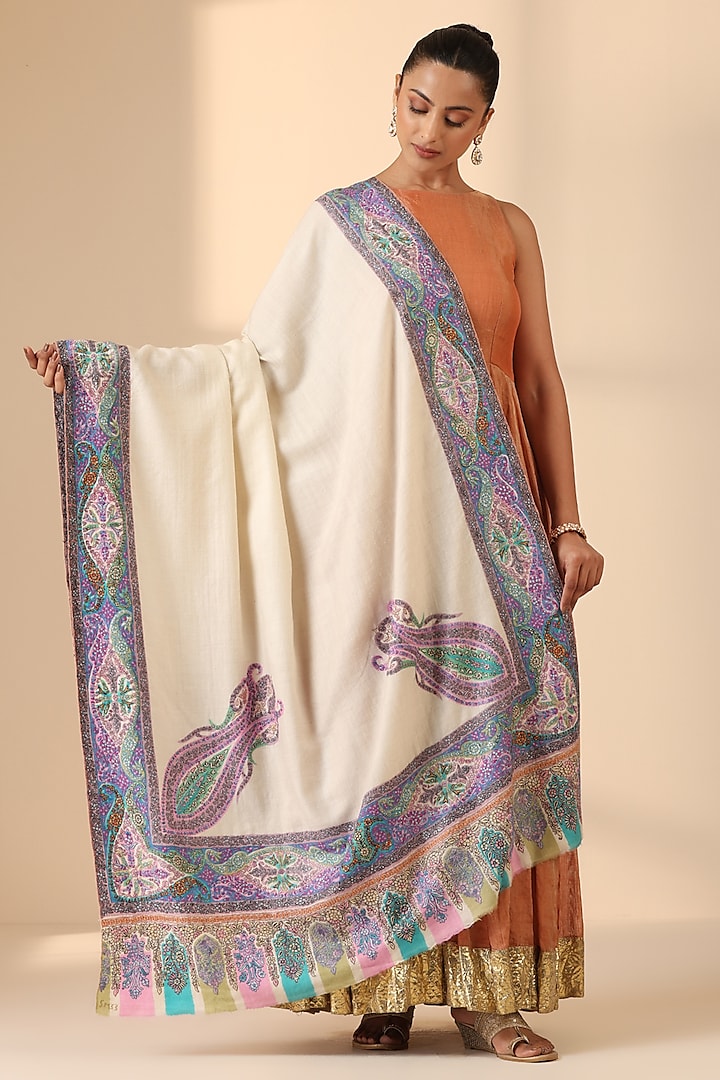 White Pashmina Wool Auklet Handwoven Shawl by DUSALA  ACCESSORIES