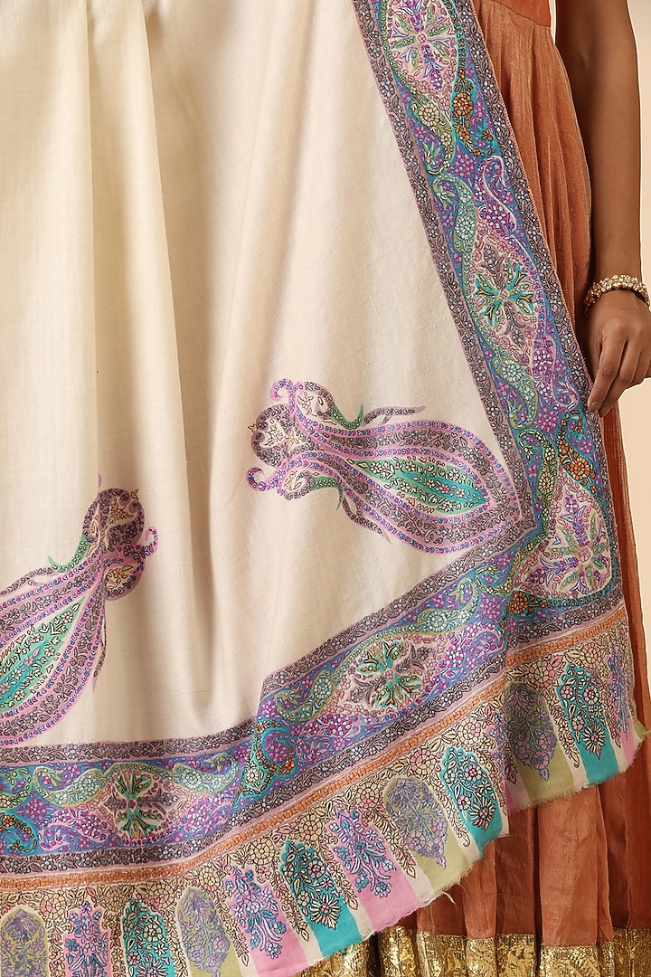 White Pashmina Wool Auklet Handwoven Shawl by DUSALA  ACCESSORIES at Pernia's Pop Up Shop