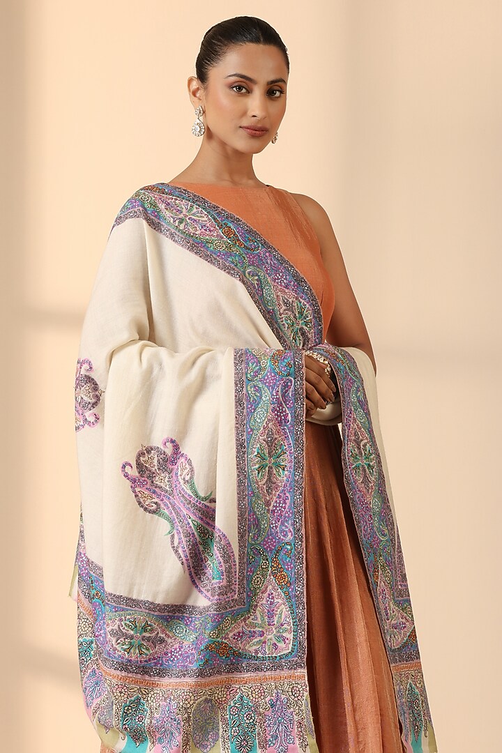 White Pashmina Wool Auklet Handwoven Shawl by DUSALA  ACCESSORIES at Pernia's Pop Up Shop