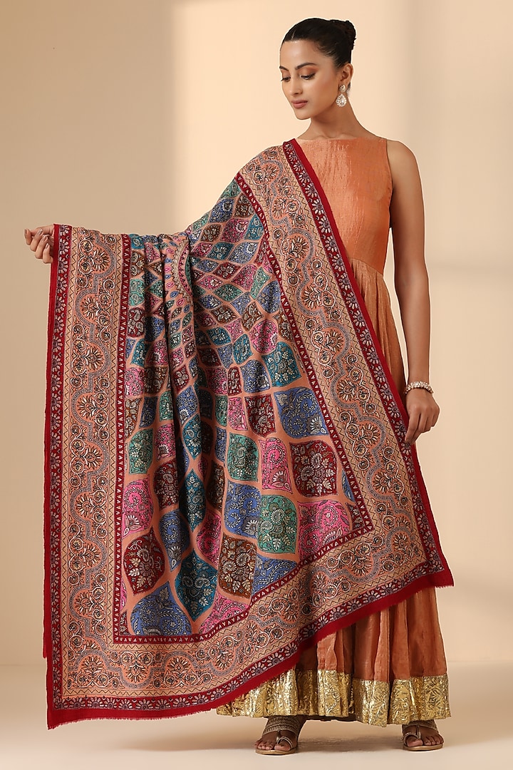 Multi-Colored Pashmina Wool Kalamkari Work Handwoven Shawl by DUSALA  ACCESSORIES