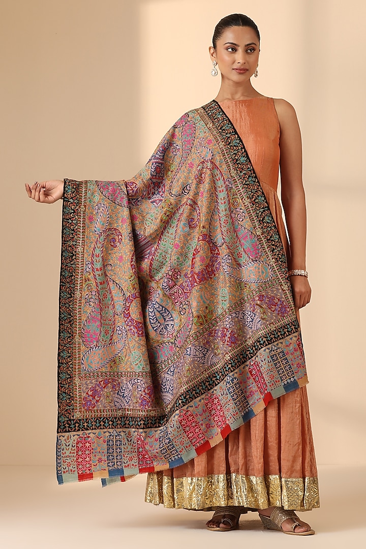 Multi-Colored Pashmina Wool Kalamkari Work Handwoven Shawl by DUSALA  ACCESSORIES