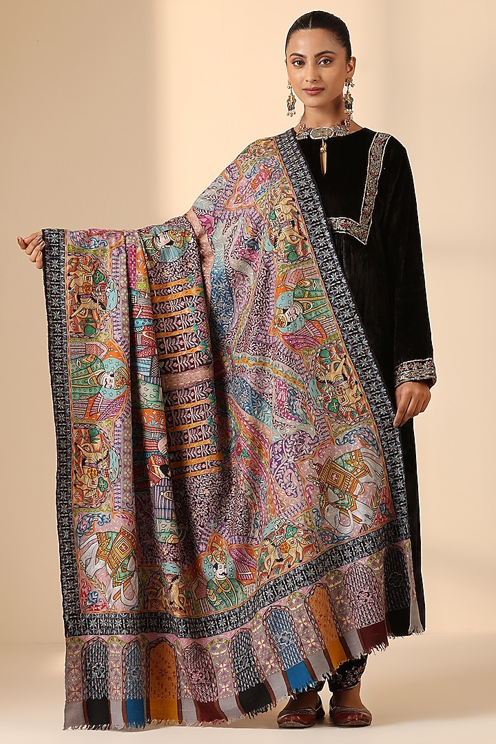 Multi-Colored Pashmina Wool Kalamkari Work Handwoven Shawl by DUSALA  ACCESSORIES