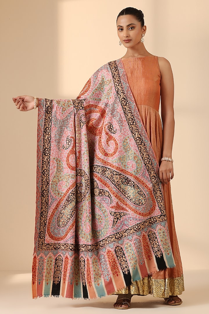 Multi-Colored Pashmina Wool Kalamkari Work Handwoven Shawl by DUSALA  ACCESSORIES