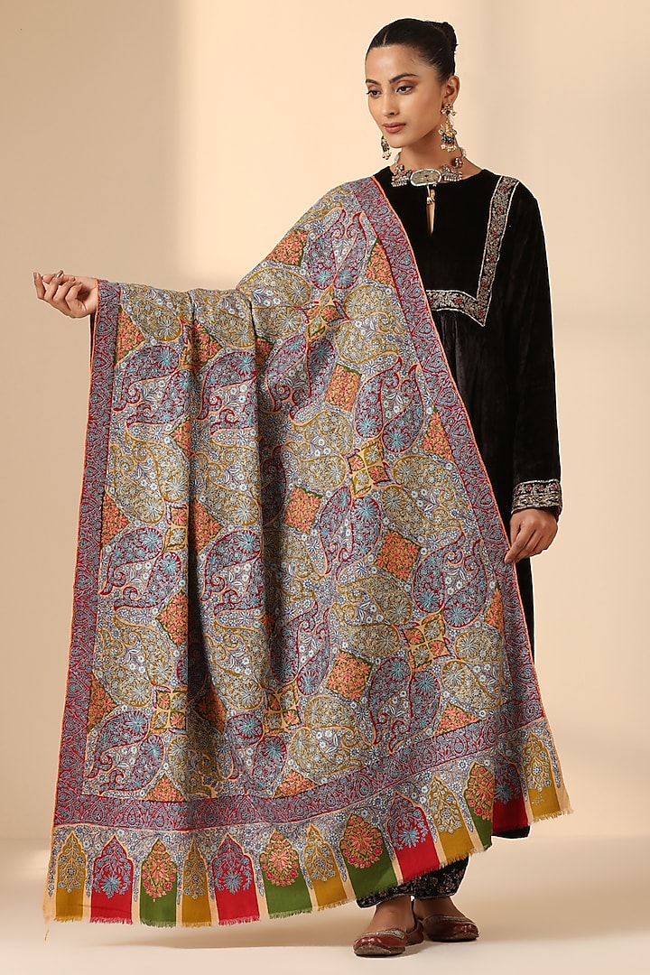 Multi-Colored Pashmina Wool Kalamkari Work Handwoven Shawl by DUSALA  ACCESSORIES at Pernia's Pop Up Shop