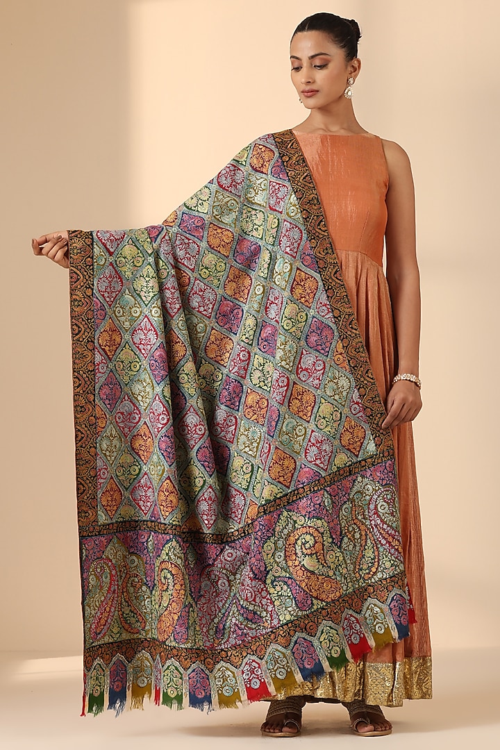 Multi-Colored Pashmina Wool Kalamkari Work Handwoven Shawl by DUSALA  ACCESSORIES