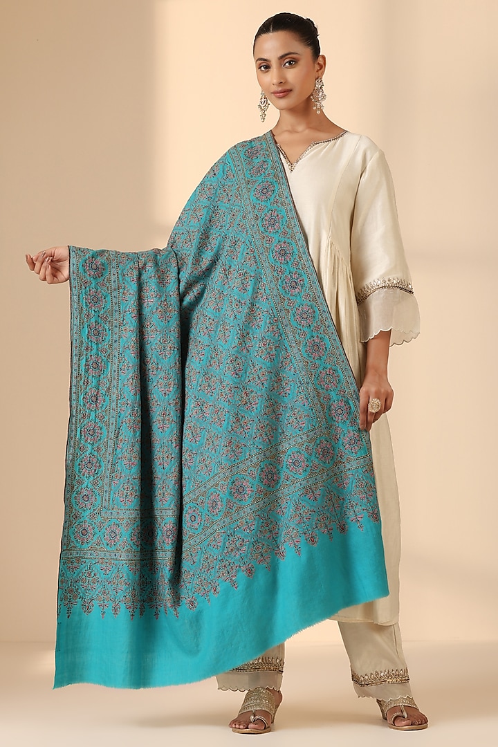 Blue Pashmina Sozni Embroidered Handwoven Shawl by DUSALA  ACCESSORIES