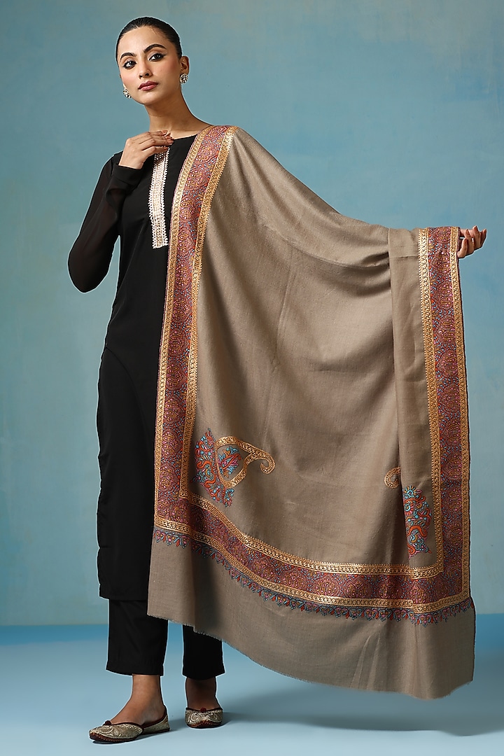 Beige Pashmina Wool Tilla Embroidered Handwoven Shawl by DUSALA  ACCESSORIES