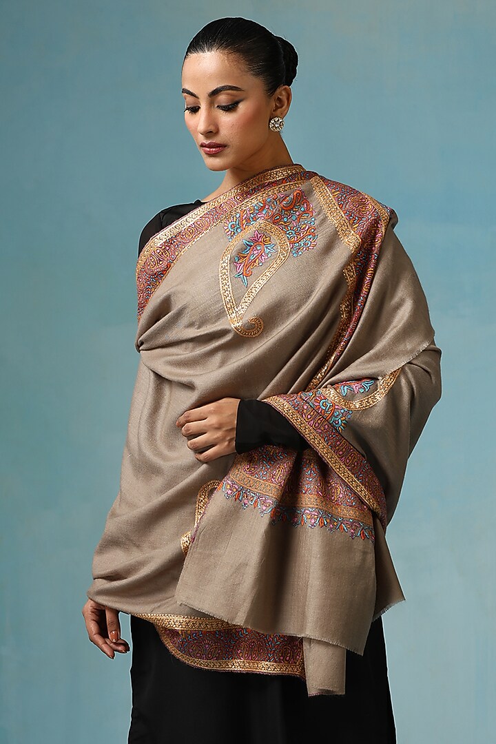 Beige Pashmina Wool Tilla Embroidered Handwoven Shawl by DUSALA  ACCESSORIES at Pernia's Pop Up Shop