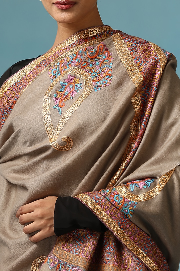 Beige Pashmina Wool Tilla Embroidered Handwoven Shawl by DUSALA  ACCESSORIES at Pernia's Pop Up Shop