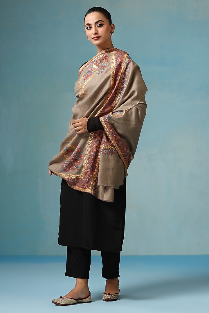 Beige Pashmina Wool Tilla Embroidered Handwoven Shawl by DUSALA  ACCESSORIES at Pernia's Pop Up Shop