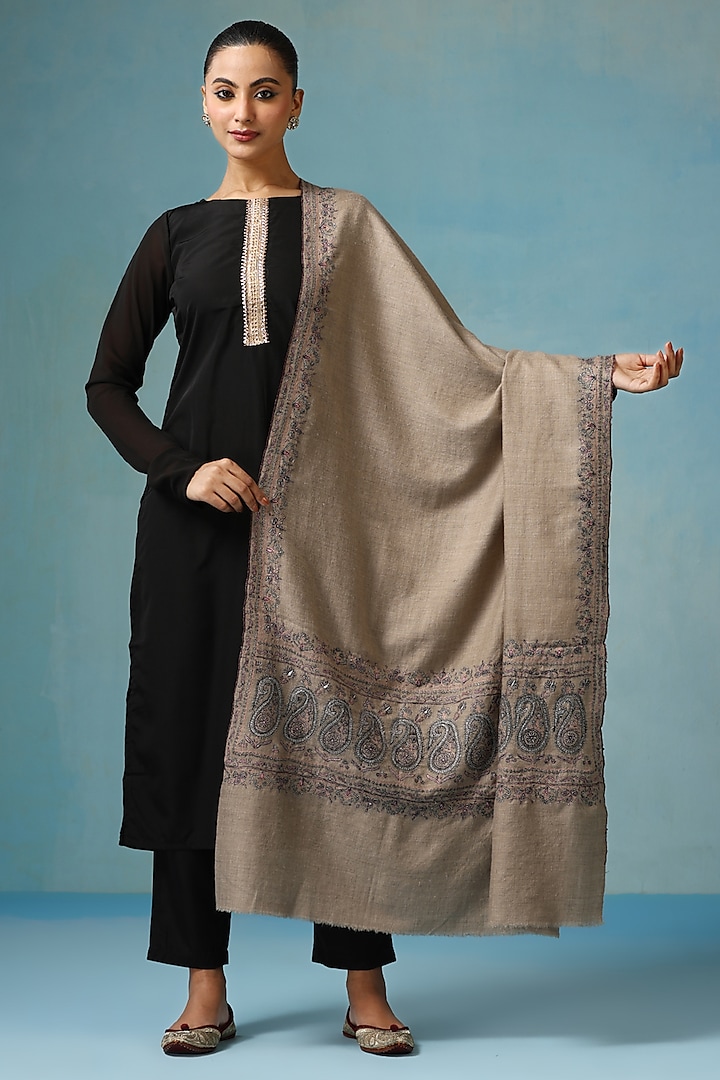 Grey Pashmina Wool Zari Embroidered Handwoven Shawl by DUSALA  ACCESSORIES