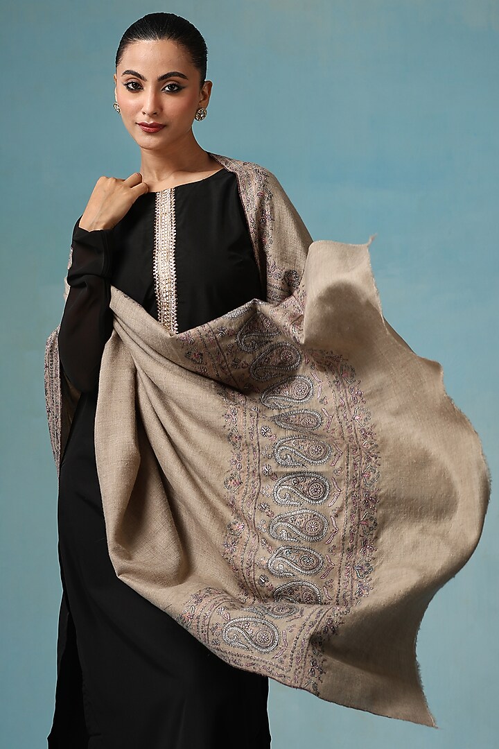 Grey Pashmina Wool Zari Embroidered Handwoven Shawl by DUSALA  ACCESSORIES at Pernia's Pop Up Shop