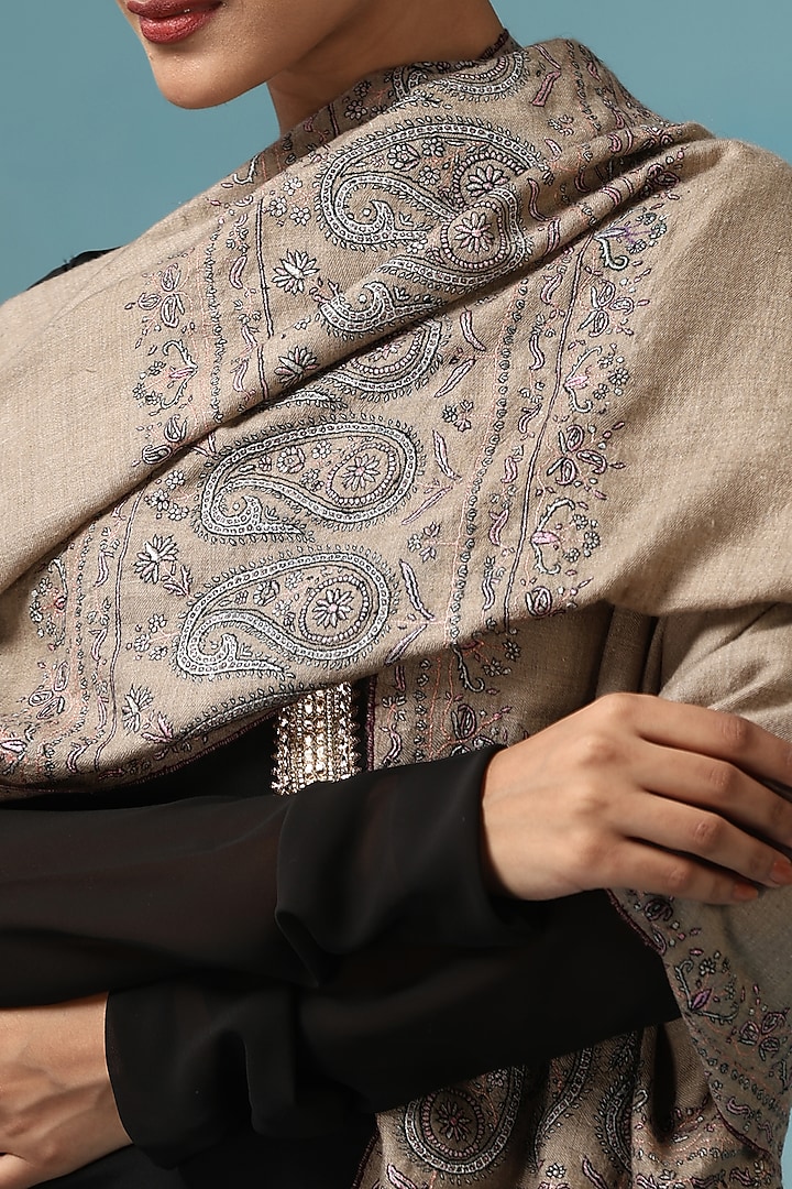 Grey Pashmina Wool Zari Embroidered Handwoven Shawl by DUSALA  ACCESSORIES at Pernia's Pop Up Shop