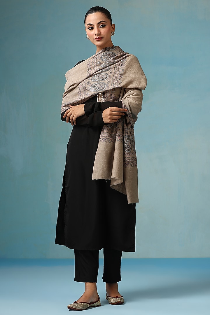 Grey Pashmina Wool Zari Embroidered Handwoven Shawl by DUSALA  ACCESSORIES at Pernia's Pop Up Shop