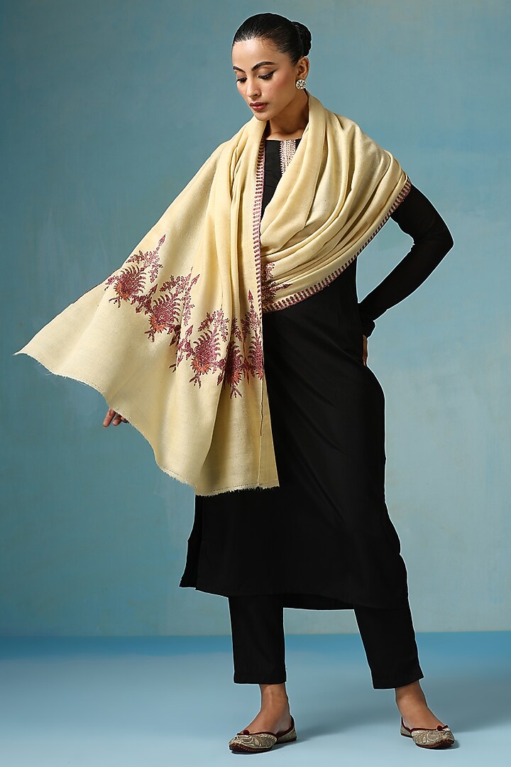 Cream Pashmina Wool Sozni Embroidered Handwoven Shawl by DUSALA  ACCESSORIES at Pernia's Pop Up Shop