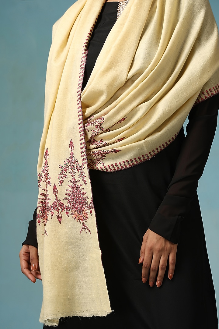 Cream Pashmina Wool Sozni Embroidered Handwoven Shawl by DUSALA  ACCESSORIES at Pernia's Pop Up Shop