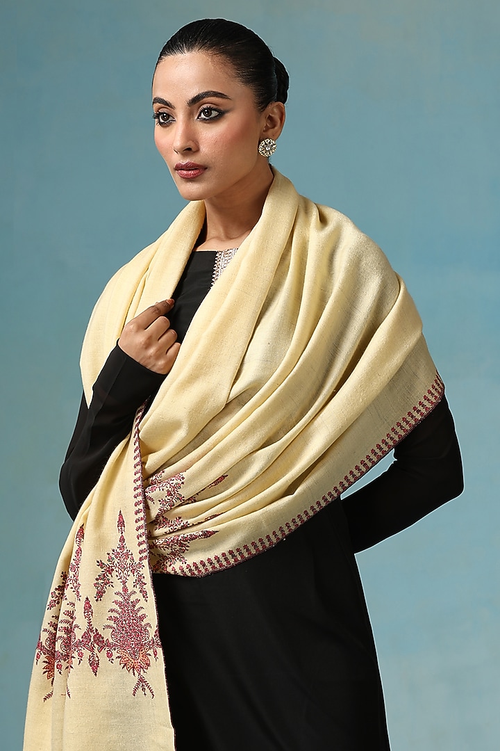 Cream Pashmina Wool Sozni Embroidered Handwoven Shawl by DUSALA  ACCESSORIES at Pernia's Pop Up Shop