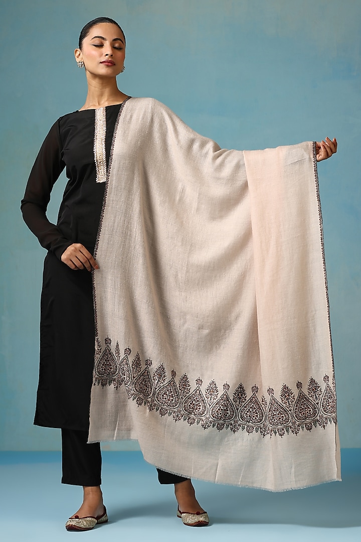 White Pashmina Wool Floral Embroidered Handwoven Shawl by DUSALA  ACCESSORIES