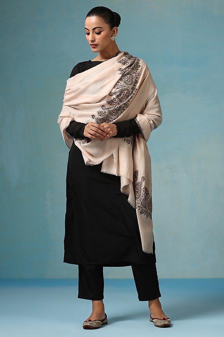 White Pashmina Wool Floral Embroidered Handwoven Shawl by DUSALA  ACCESSORIES at Pernia's Pop Up Shop