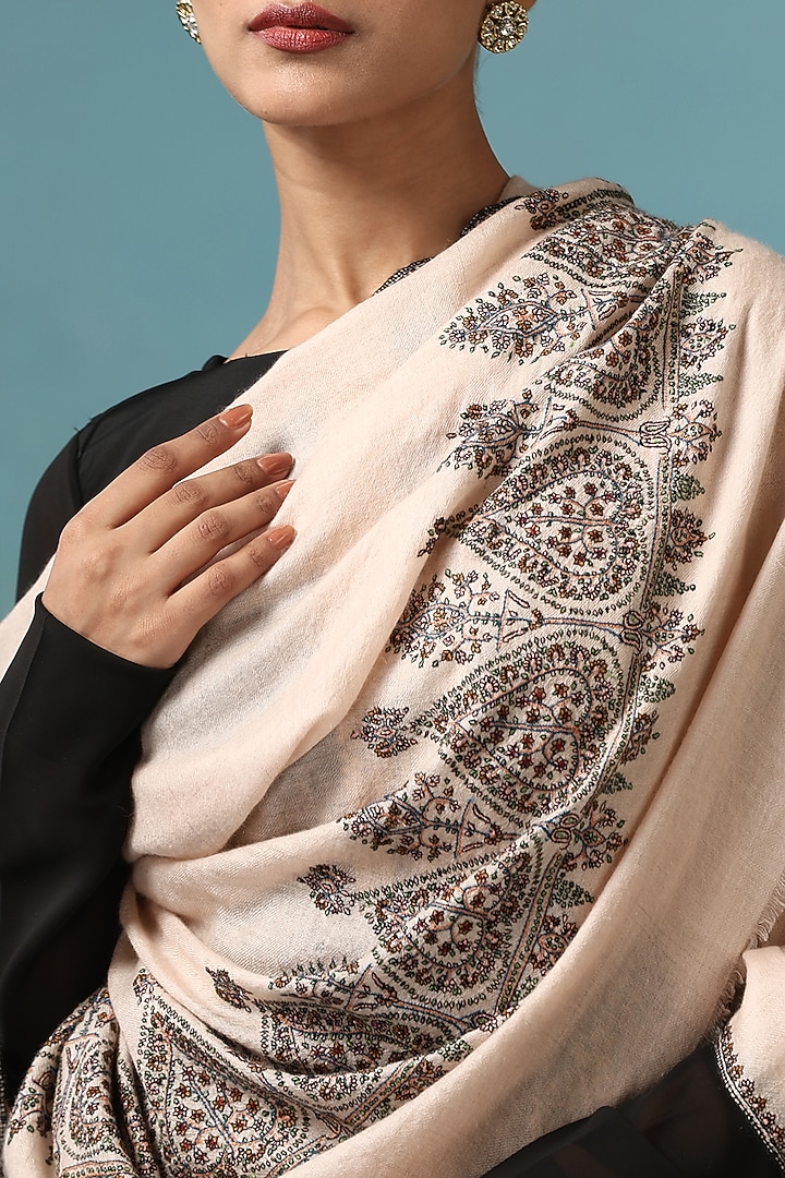 White Pashmina Wool Floral Embroidered Handwoven Shawl by DUSALA  ACCESSORIES at Pernia's Pop Up Shop