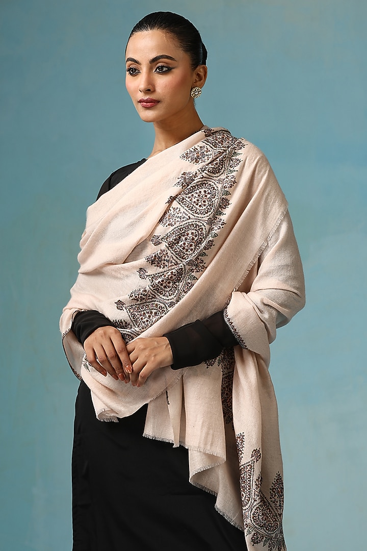 White Pashmina Wool Floral Embroidered Handwoven Shawl by DUSALA  ACCESSORIES at Pernia's Pop Up Shop