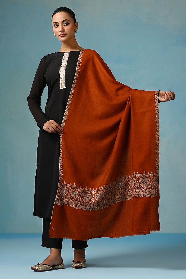 Rust Red Pashmina Wool Zari Embroidered Handwoven Shawl by DUSALA  ACCESSORIES