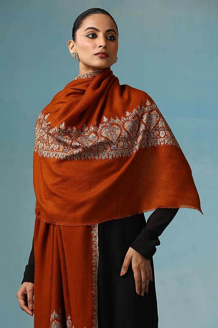 Rust Red Pashmina Wool Zari Embroidered Handwoven Shawl by DUSALA
