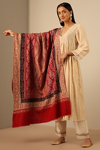Red Handmade Pashmina Shawl by DUSALA  ACCESSORIES