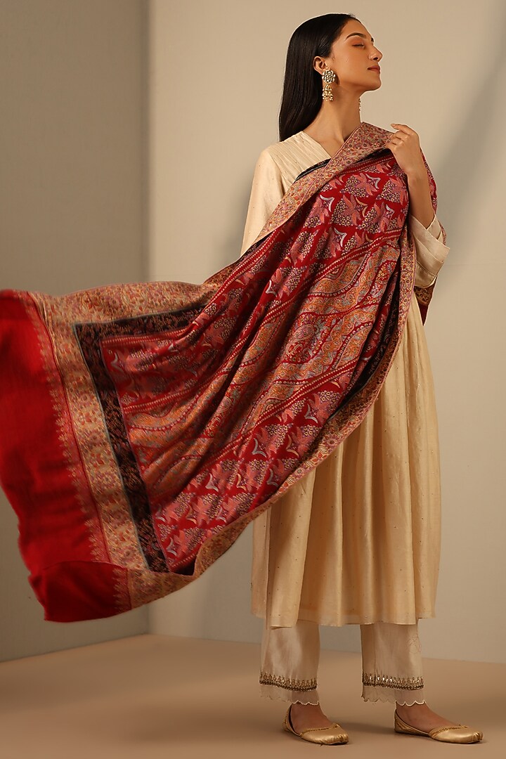 Red Handmade Pashmina Shawl by DUSALA  ACCESSORIES at Pernia's Pop Up Shop