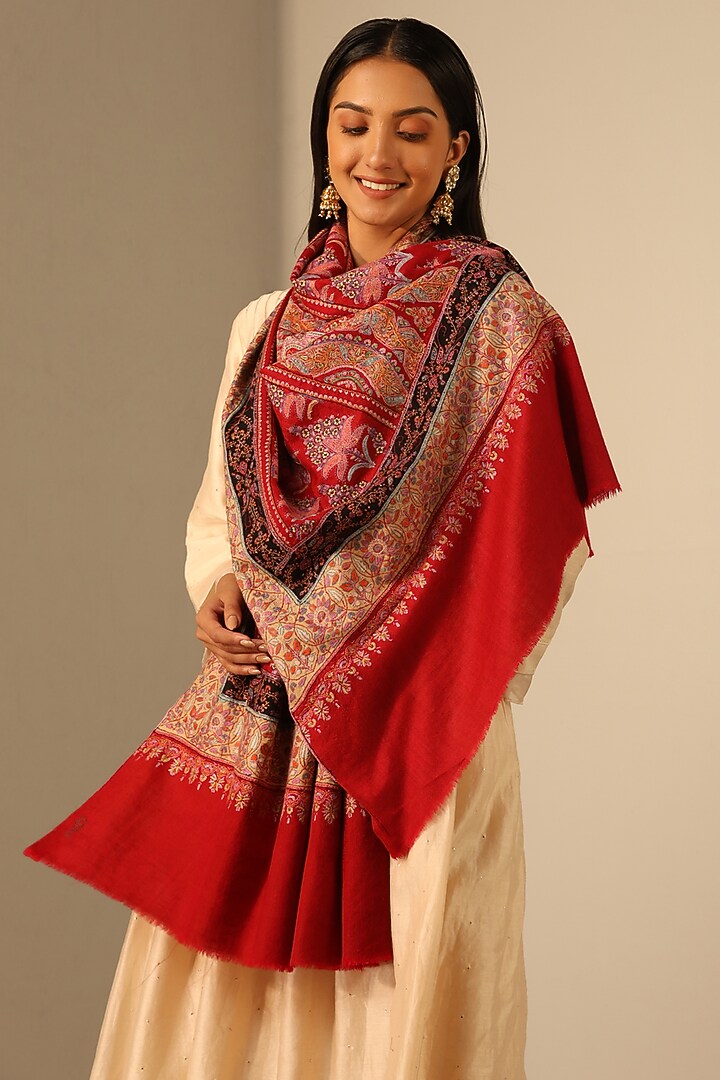 Red Handmade Pashmina Shawl by DUSALA  ACCESSORIES at Pernia's Pop Up Shop