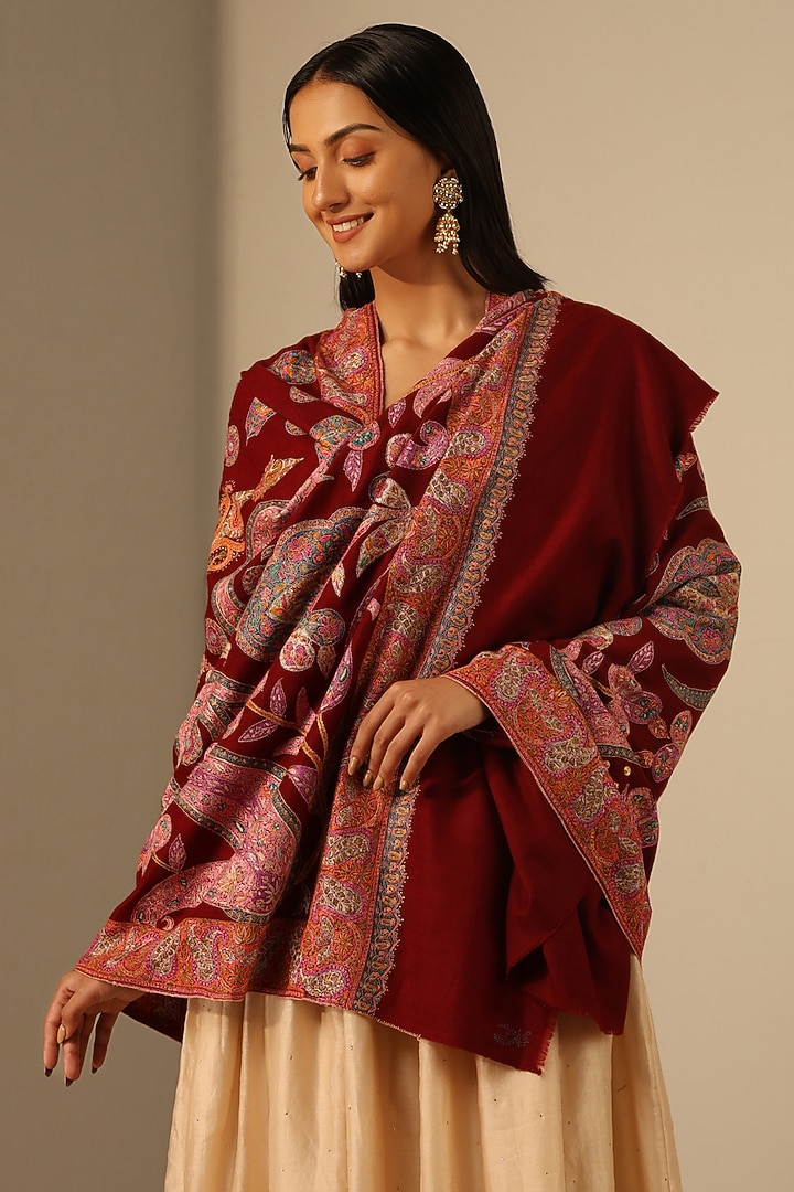 Maroon Handmade Pashmina Shawl by DUSALA  ACCESSORIES at Pernia's Pop Up Shop