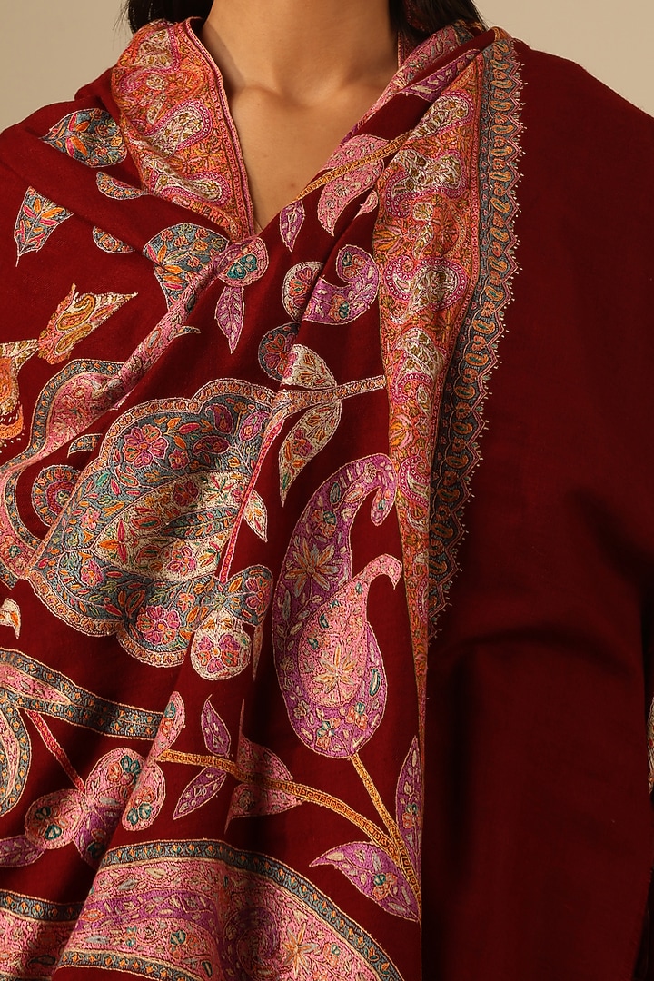 Maroon Handmade Pashmina Shawl by DUSALA  ACCESSORIES at Pernia's Pop Up Shop