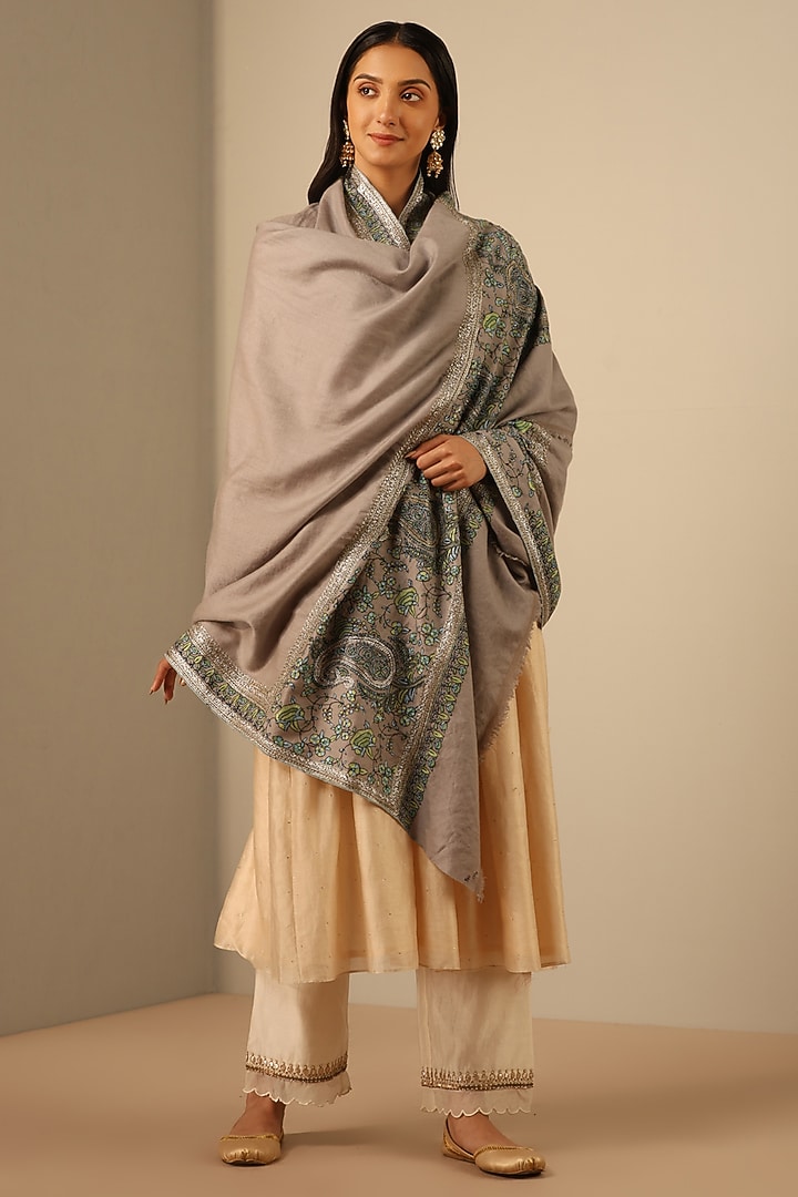 Light Grey Handmade Pashmina Shawl by DUSALA  ACCESSORIES at Pernia's Pop Up Shop