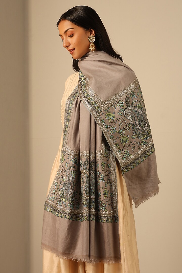 Light Grey Handmade Pashmina Shawl by DUSALA  ACCESSORIES at Pernia's Pop Up Shop