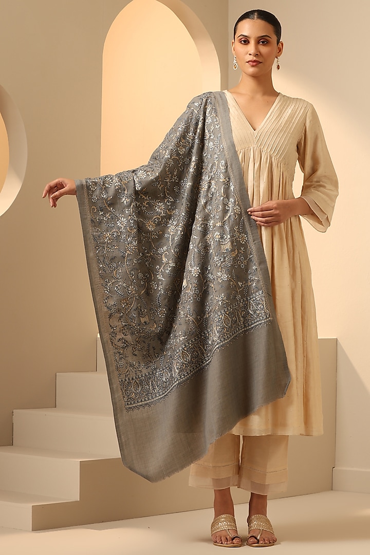 Grey Cashmere Fine Wool Aari Embroidered Stole by DUSALA  ACCESSORIES