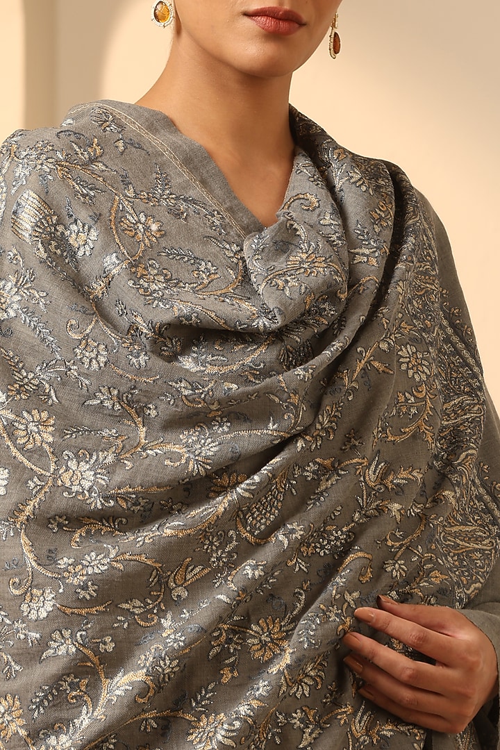 Grey Cashmere Fine Wool Aari Embroidered Stole by DUSALA  ACCESSORIES at Pernia's Pop Up Shop