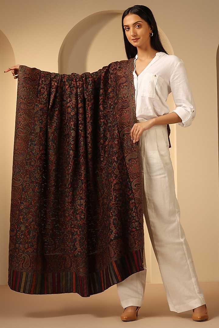 Black Cashmere Fine Wool Kani Stole by DUSALA  ACCESSORIES at Pernia's Pop Up Shop