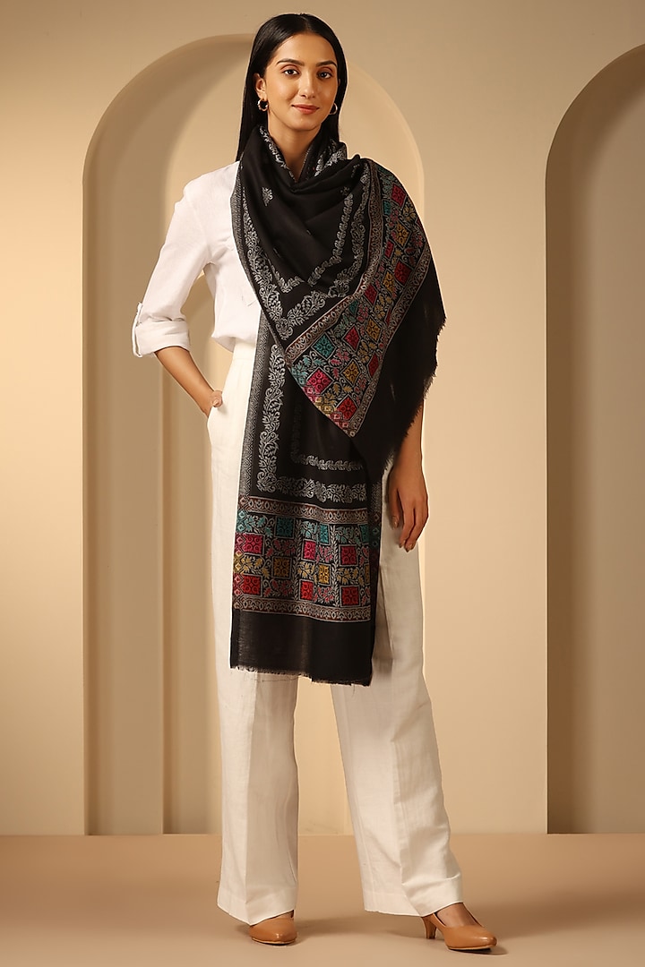 Black Cashmere Fine Wool Floral Stole by DUSALA  ACCESSORIES