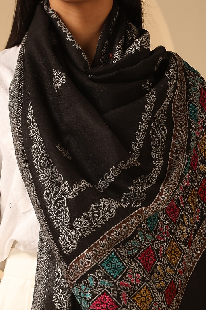Black Cashmere Fine Wool Floral Stole by DUSALA  ACCESSORIES at Pernia's Pop Up Shop