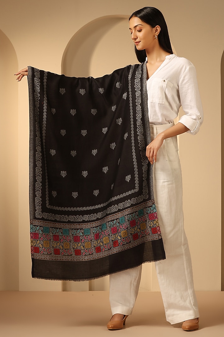 Black Cashmere Fine Wool Floral Stole by DUSALA  ACCESSORIES at Pernia's Pop Up Shop