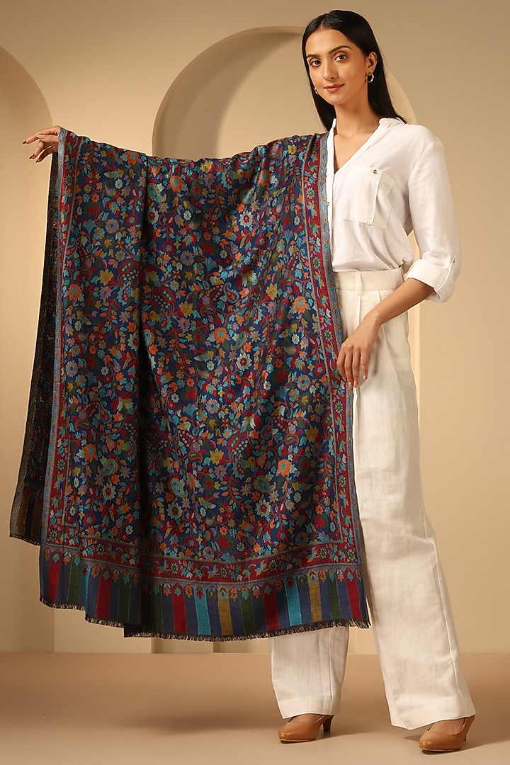 Blue Cashmere Fine Wool Kani Stole by DUSALA  ACCESSORIES at Pernia's Pop Up Shop