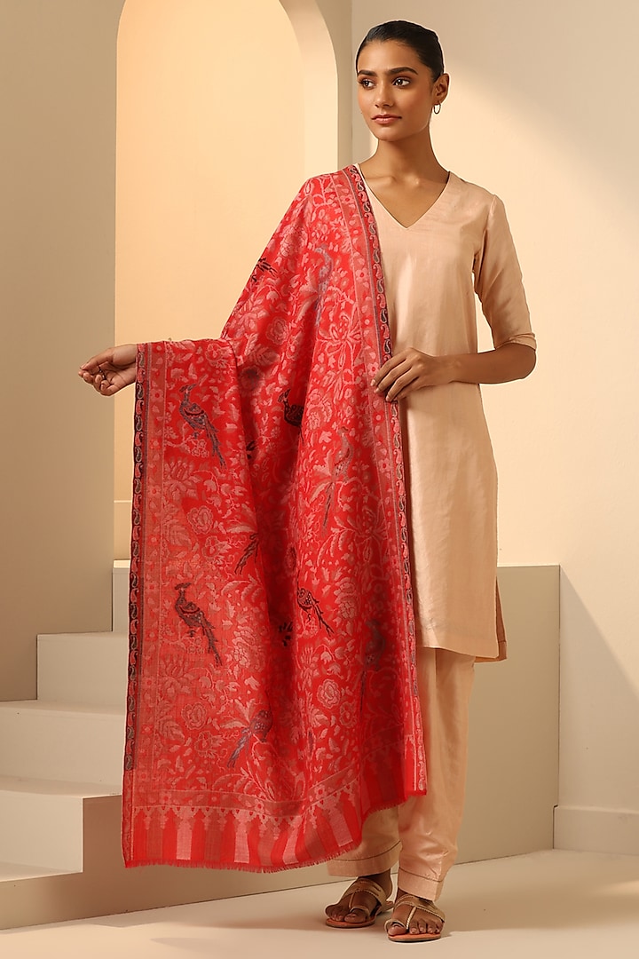 Red Cashmere Fine Wool Stole by DUSALA  ACCESSORIES