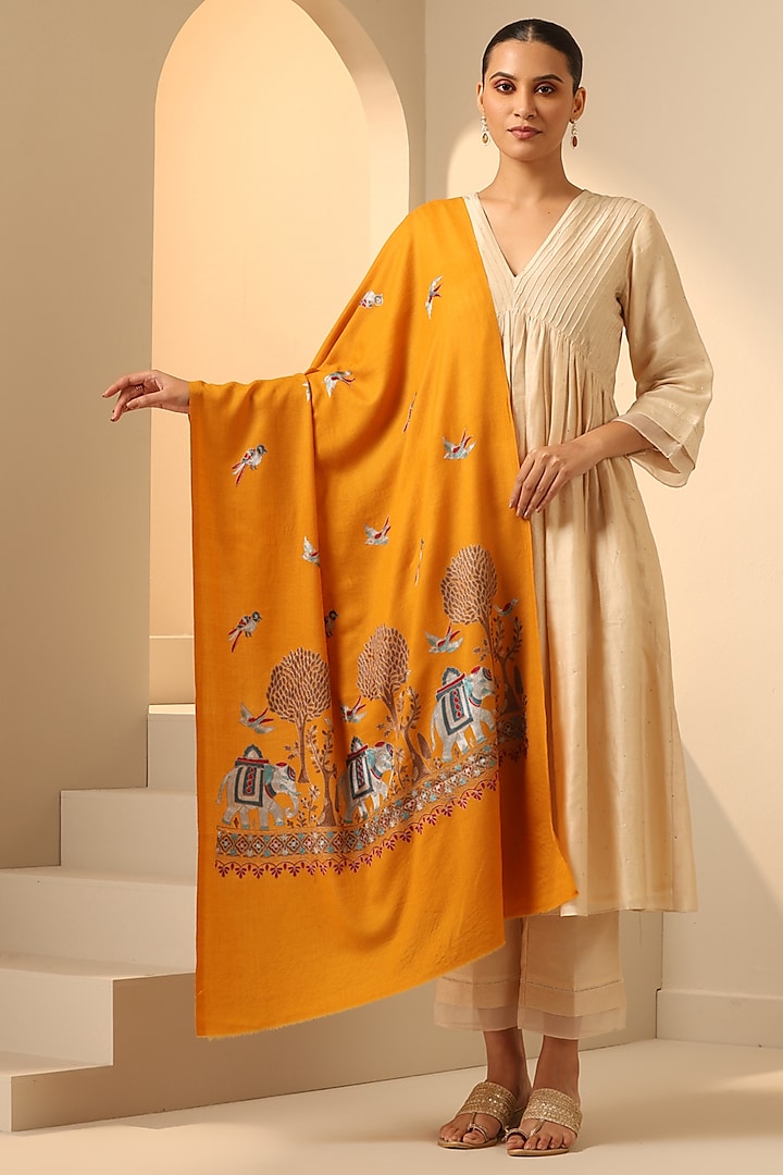 Yellow Cashmere Fine Wool Aari Embroidered Stole by DUSALA  ACCESSORIES at Pernia's Pop Up Shop