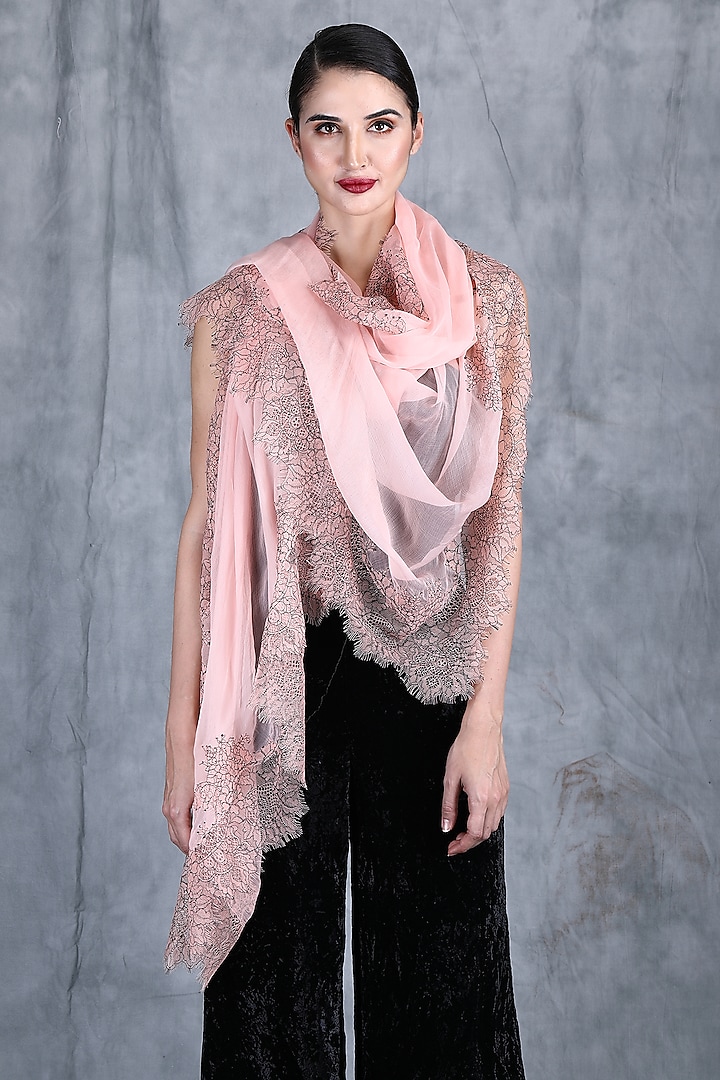 Peach Pure Georgette Stole by DUSALA  ACCESSORIES at Pernia's Pop Up Shop