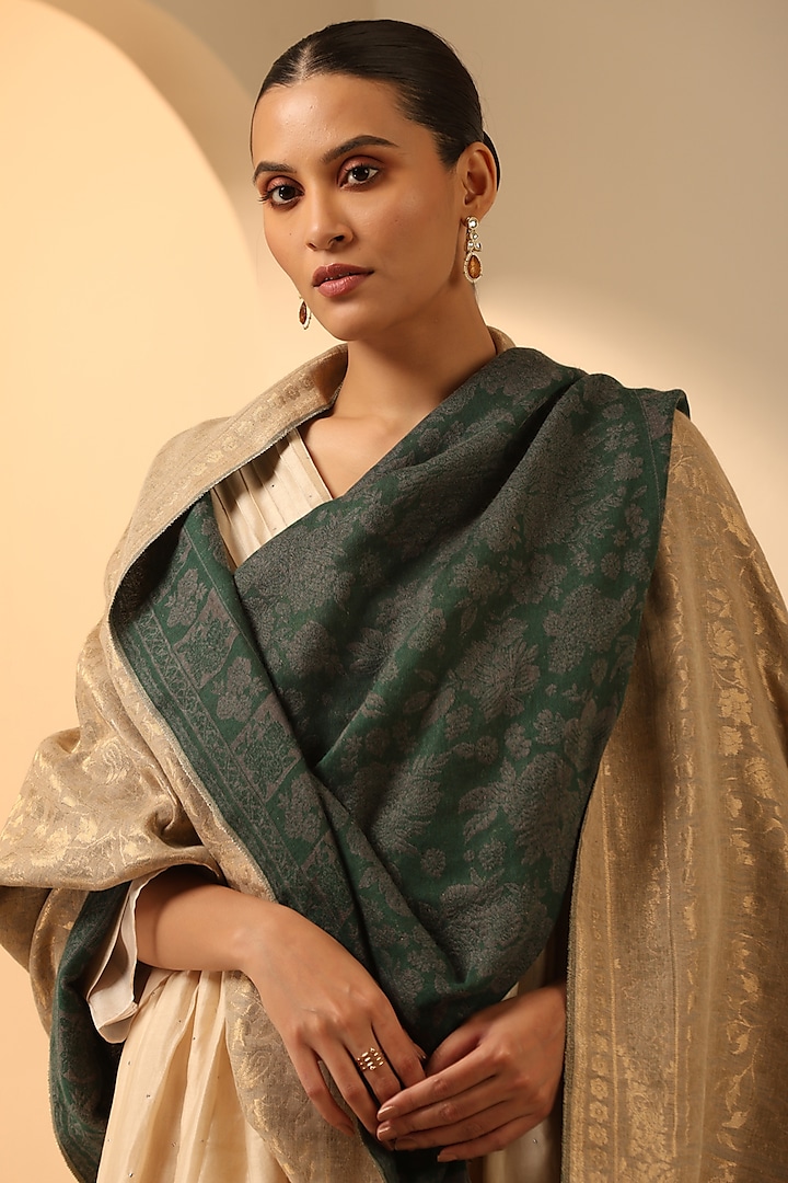 Green & Beige Cashmere Fine Wool Reversible Stole by DUSALA  ACCESSORIES at Pernia's Pop Up Shop