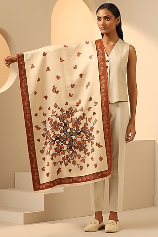 Cream & Orange Vegan Cashmere Woven Stole by DUSALA  ACCESSORIES