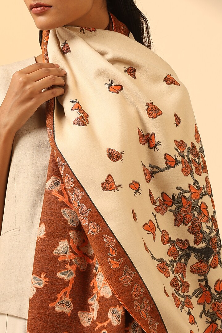 Cream & Orange Vegan Cashmere Woven Stole by DUSALA  ACCESSORIES at Pernia's Pop Up Shop
